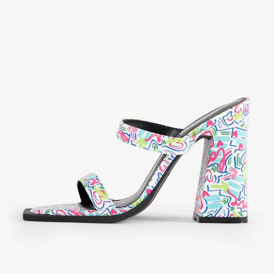 RAID Mehaa Block Heeled Mule in White Graffiti